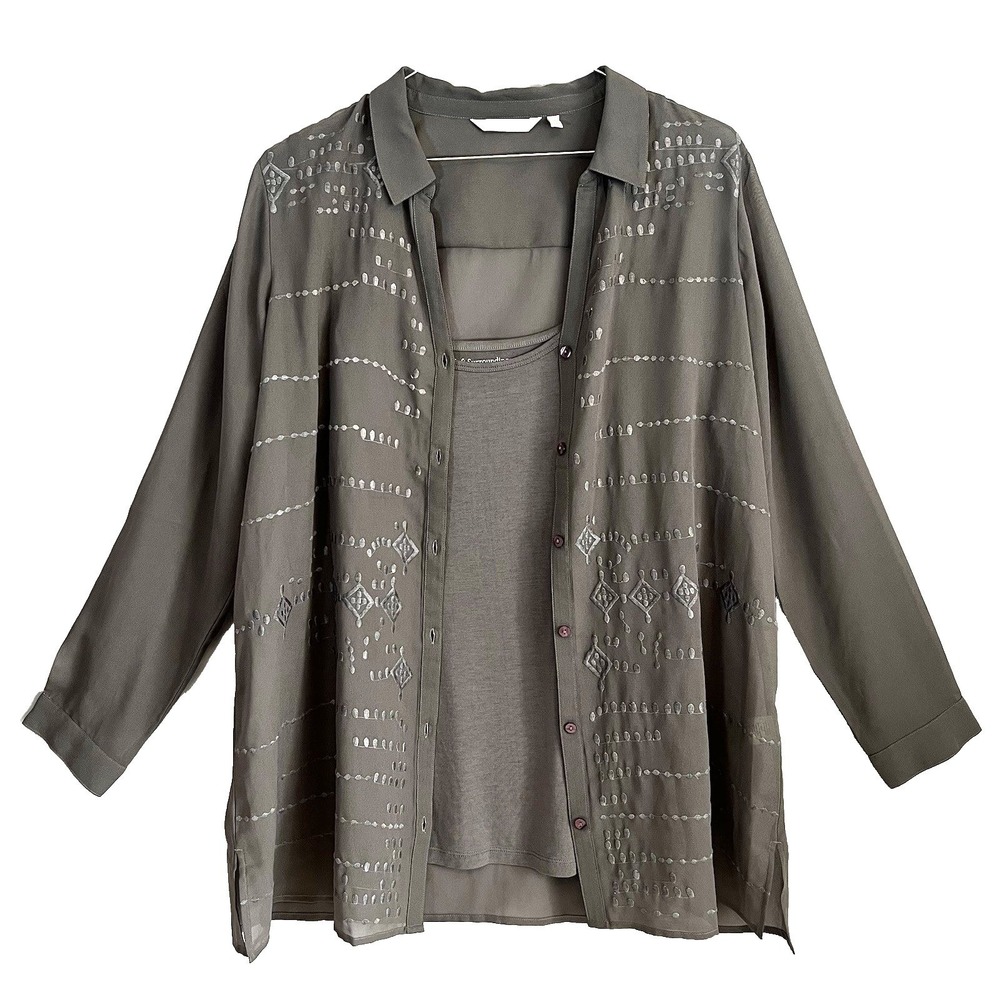 Soft Surroundings Embroidered Sheer‎ Blouse Cami Set Taupe Boho Women XL